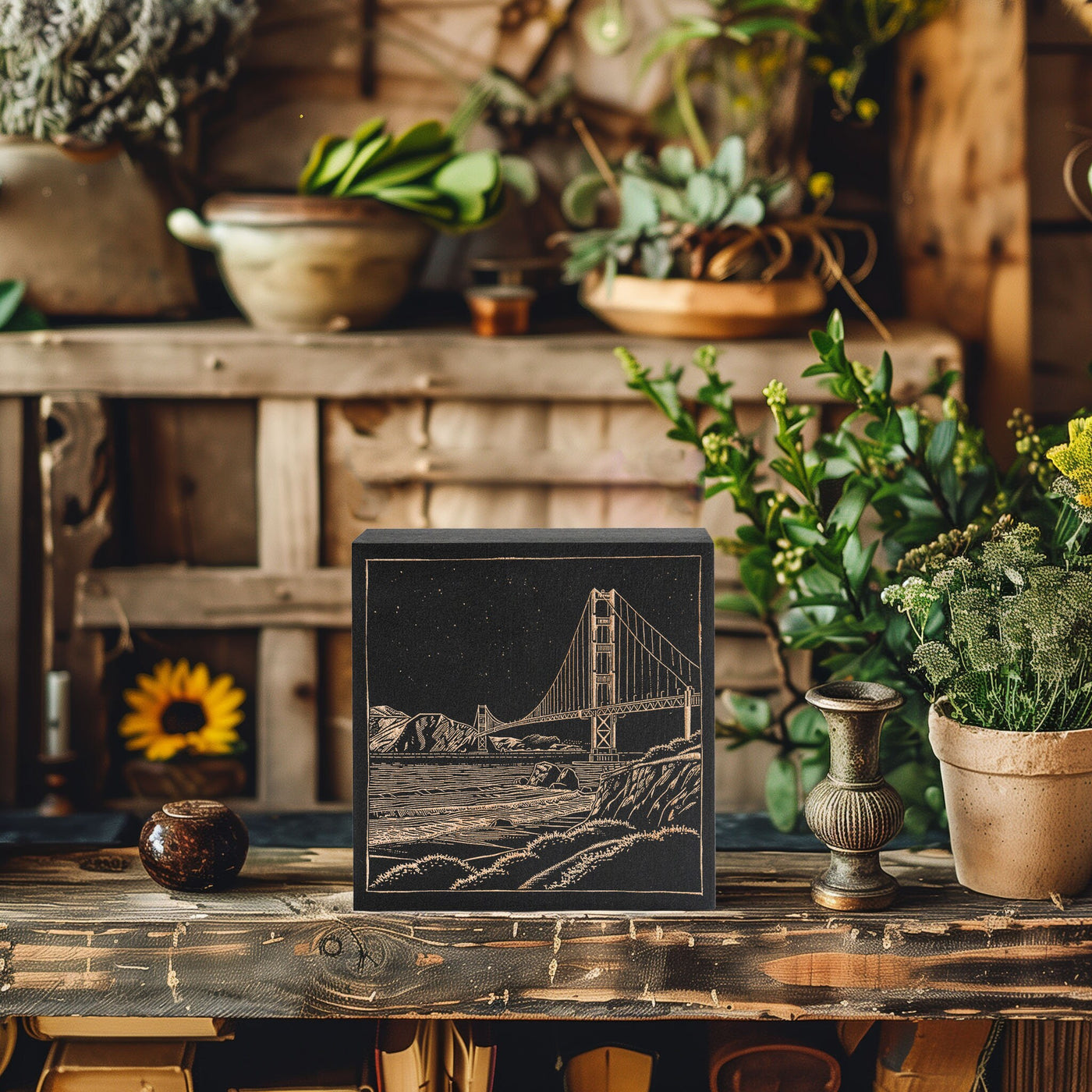 California Golden Gate Bridge Engraved Illustration