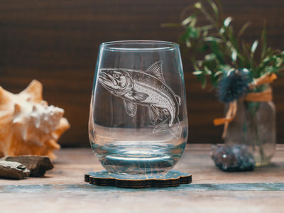 Atlantic Salmon Glasses | Personalized Sport Fishing Themed Whiskey, Wine Cocktail & Beer Etched Fish Glassware, Angler Fishermans Gift