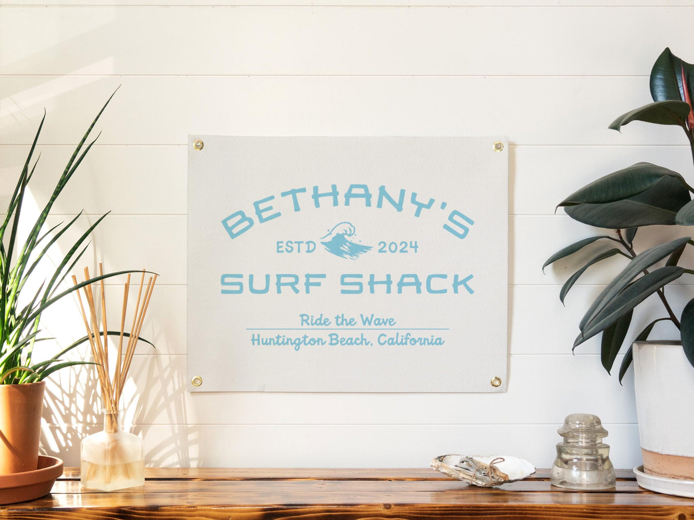 Custom Beach Theme Name Sign Felt Banner | Personalized Surf Shack, Pool House, Tiki Bar, Seaside Cottage Felt Flag Sign, Unique Family Gift