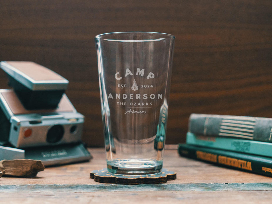 Custom Camp Name Engraved Glasses | Personalized Glasses for Beer, Whiskey, Wine, Cocktails, Camp &amp; Cabin Home Decor, Classic Family Gift