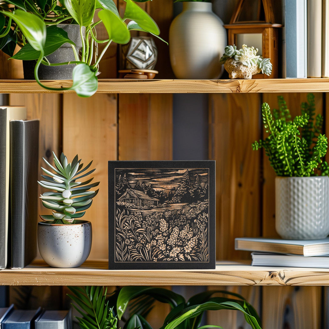 Garden Cottage Mini Engraved Birch Wood Panel |Mountain Landscape Linocut Block Print Wall Art, Charming Floral Cottagecore Home Decor Gift