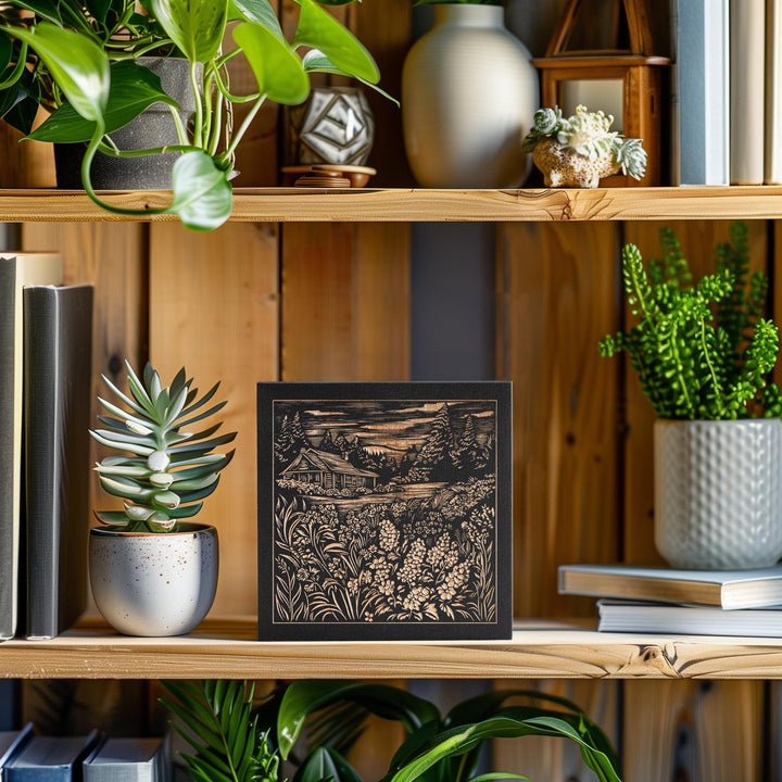 Garden Cottage Mini Engraved Birch Wood Panel |Mountain Landscape Linocut Block Print Wall Art, Charming Floral Cottagecore Home Decor Gift