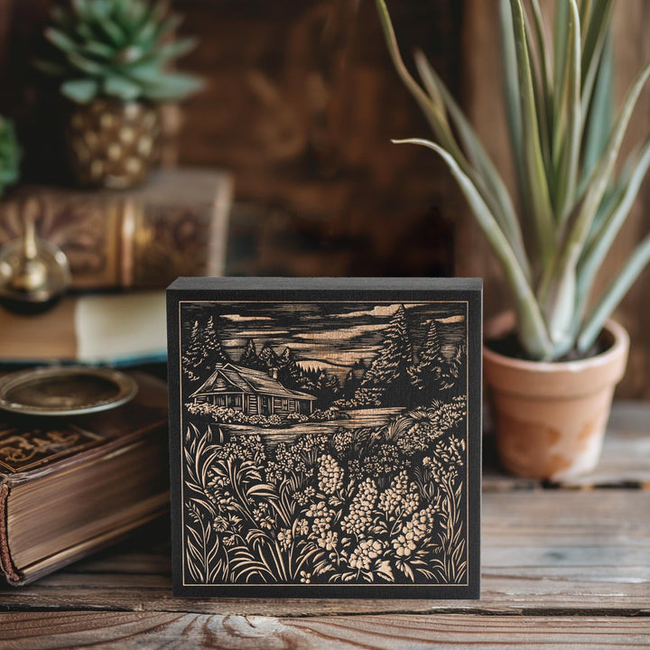 Garden Cottage Mini Engraved Birch Wood Panel |Mountain Landscape Linocut Block Print Wall Art, Charming Floral Cottagecore Home Decor Gift