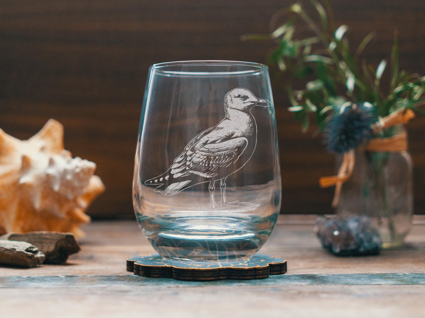 Seagull Glasses | Personalized Ocean Seabird Whiskey, Wine & Beer Etched Glassware, Beach House Gift, Coastal Bird Watcher Wildlife Decor