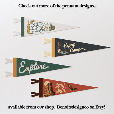 a group of four pennants that say happy camper, stay wild, and