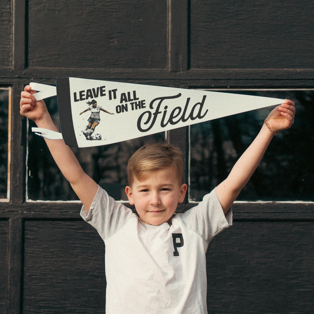 Soccer Leave it all on the Field Felt Pennant | Vintage Soccer Banner, Kids Room Decor, Football Sports Fan Wall Art Print Motivational Gift