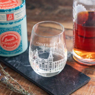 Amsterdam, Netherlands City Skyline Engraved Glasses | Hometown etched glassware. Beer, whiskey, wine & drinks. Housewarming and Travel gift