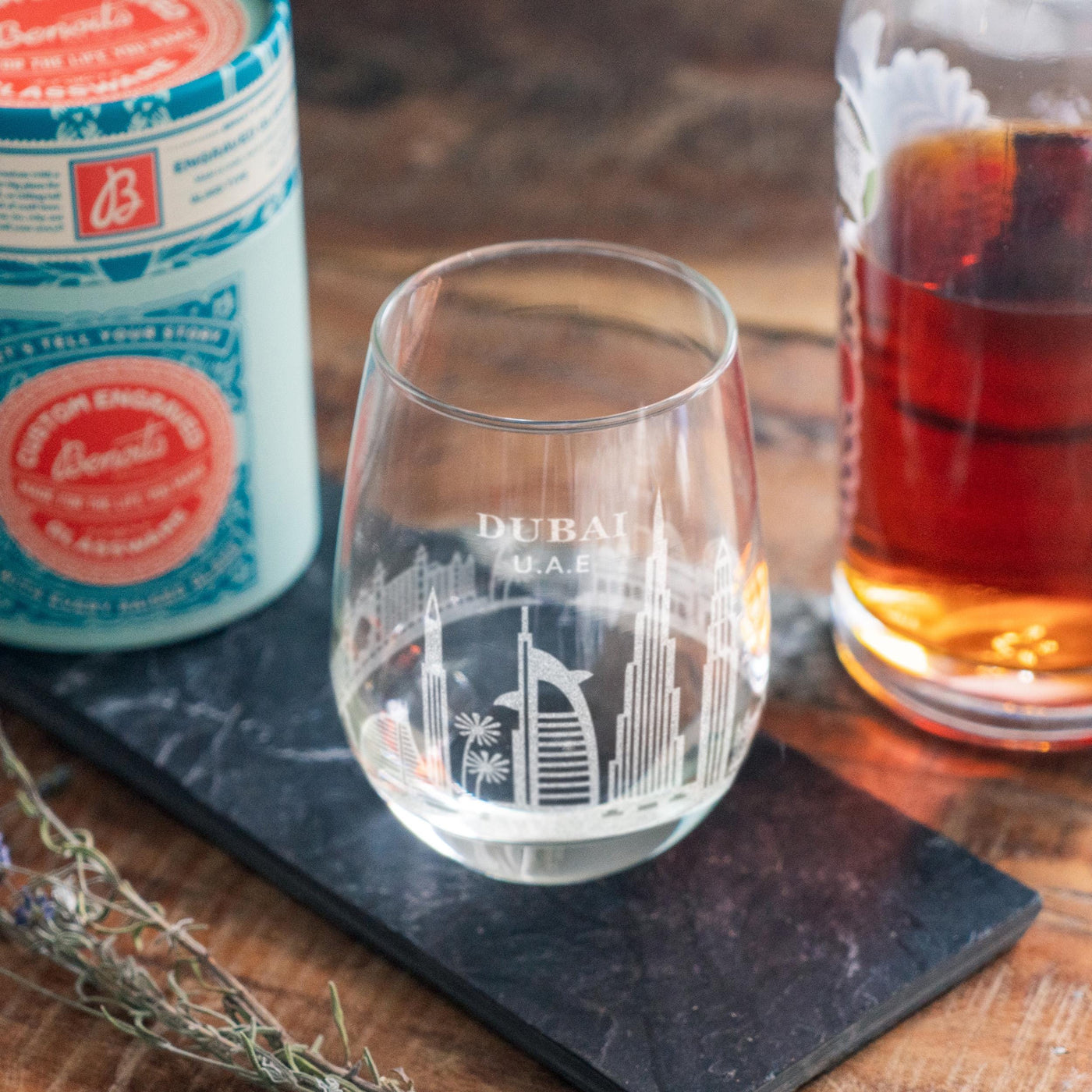 Dubai, U.A.E City Skyline Engraved Glasses | Hometown etched glassware. Beer, whiskey, wine & drinks. Housewarming and Travel Special gift