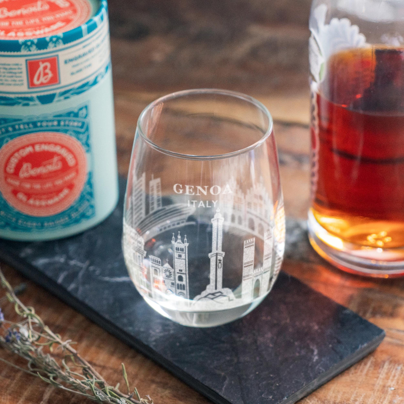 Genoa, Italy City Skyline Engraved Glasses | Hometown etched glassware. Beer, whiskey, wine & drinks. Housewarming and Special Travel gift