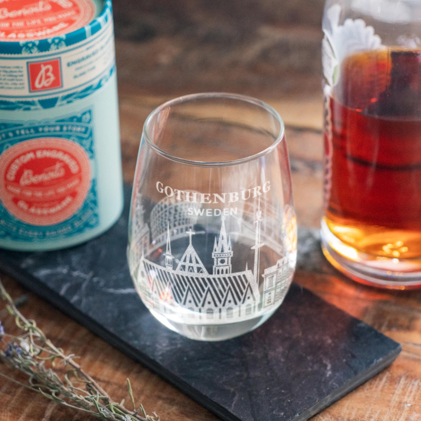 Gothenburg, Sweden City Skyline Engraved Glasses | Hometown etched glassware. Beer, whiskey, wine & drinks. Housewarming and Travel gift