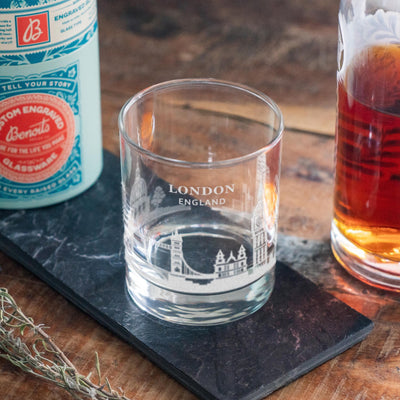 London, England City Skyline Engraved Glasses | Hometown etched glassware. Beer, whiskey, wine & drinks. Housewarming and Travel gift