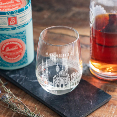 Marseille, France City Skyline Engraved Glasses | Hometown etched glassware. Beer, whiskey, wine & drinks. Housewarming and Travel gift