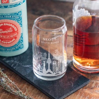 Seoul, South Korea City Skyline Engraved Glasses | Hometown etched glassware. Beer, whiskey, wine & drinks. Housewarming and Travel gift