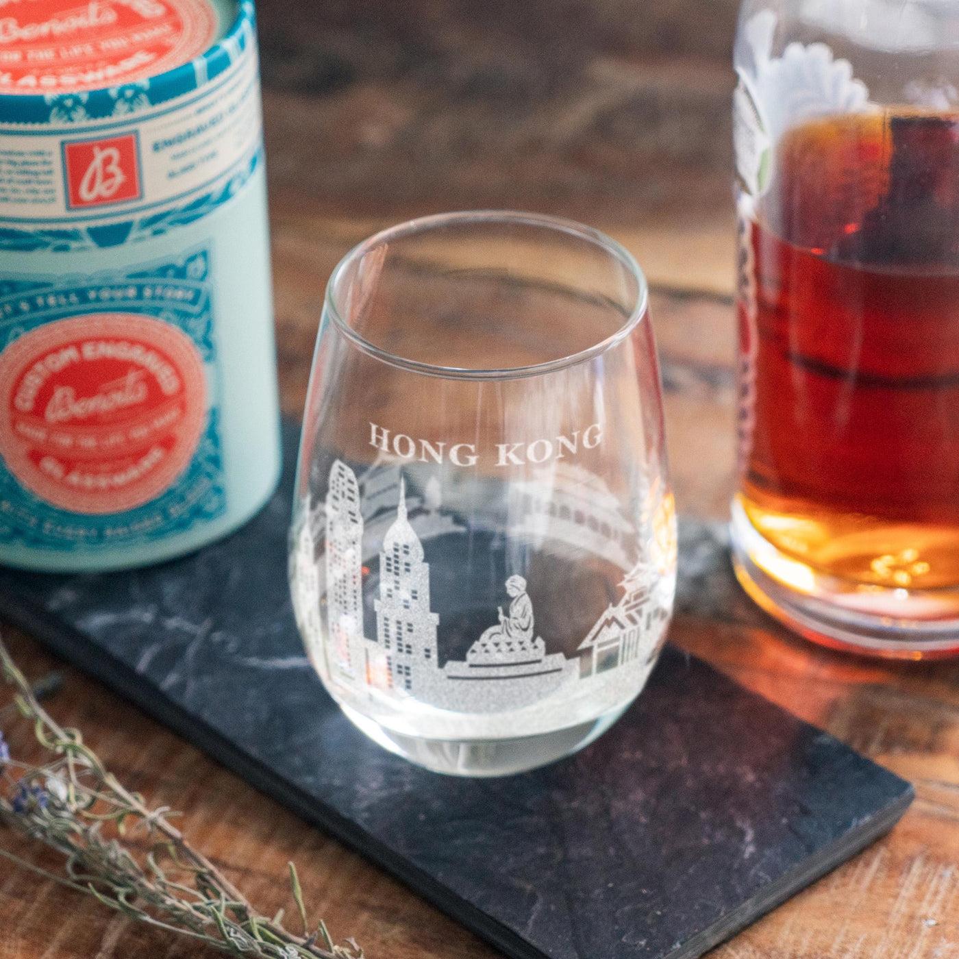 Hong Kong City Skyline Engraved Glasses | Hometown etched glassware. Beer, whiskey, wine & drinks. Housewarming and Special Travel gift