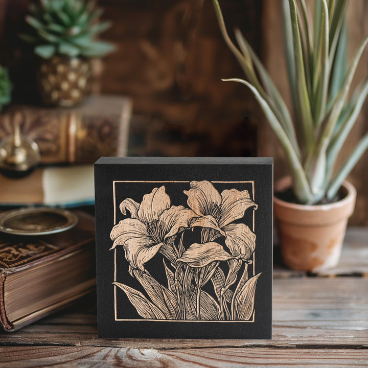 Daylily Flowers Mini Engraved Birch Wood Panel | Block Print Floral Garden Wall Art, Plant Mom Illustration Print, Farmhouse Home Decor Gift