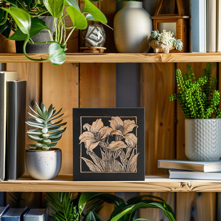 Daylily Flowers Mini Engraved Birch Wood Panel | Block Print Floral Garden Wall Art, Plant Mom Illustration Print, Farmhouse Home Decor Gift