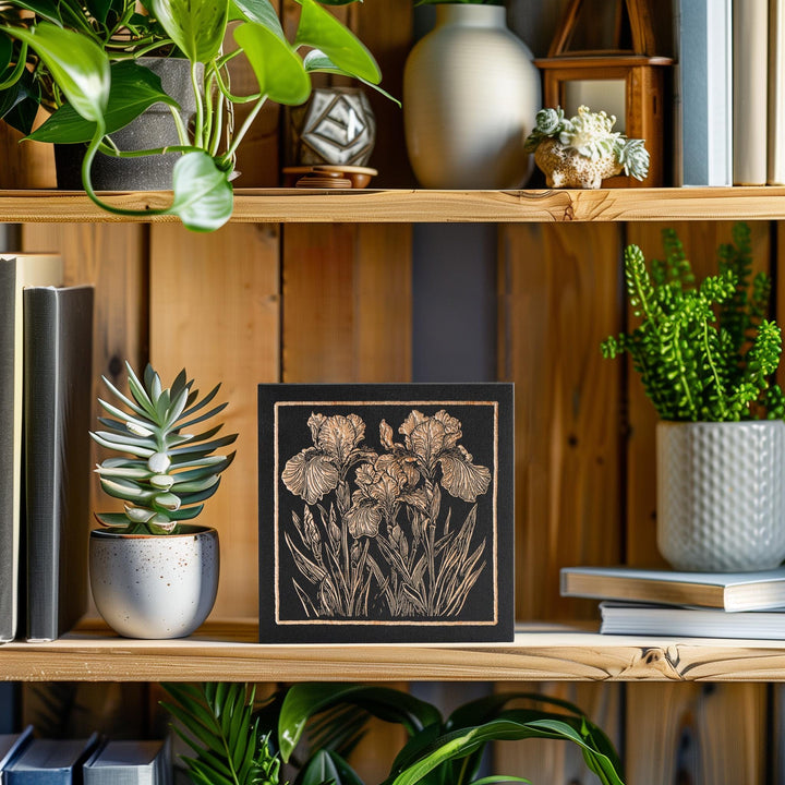 Iris Flowers Mini Engraved Birch Wood Panel | Block Print Floral Garden Wall Art, Plant Mom Illustration Print, Farmhouse Home Decor Gift