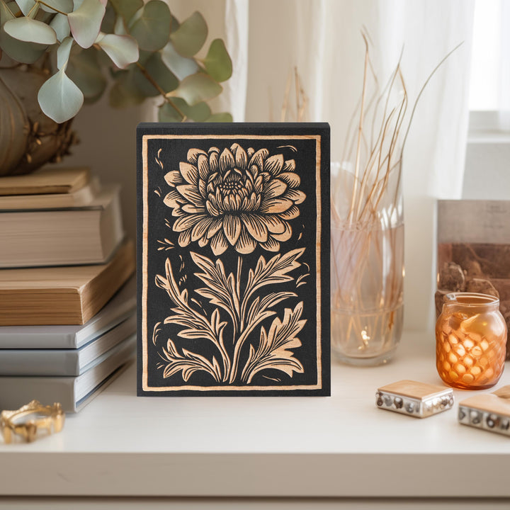 Chrysanthemum Floral Mini Engraved Birch Wood Panel | Block Print Style Flower Wall Art, Rustic Illustration Print, Farmhouse Decor Gift
