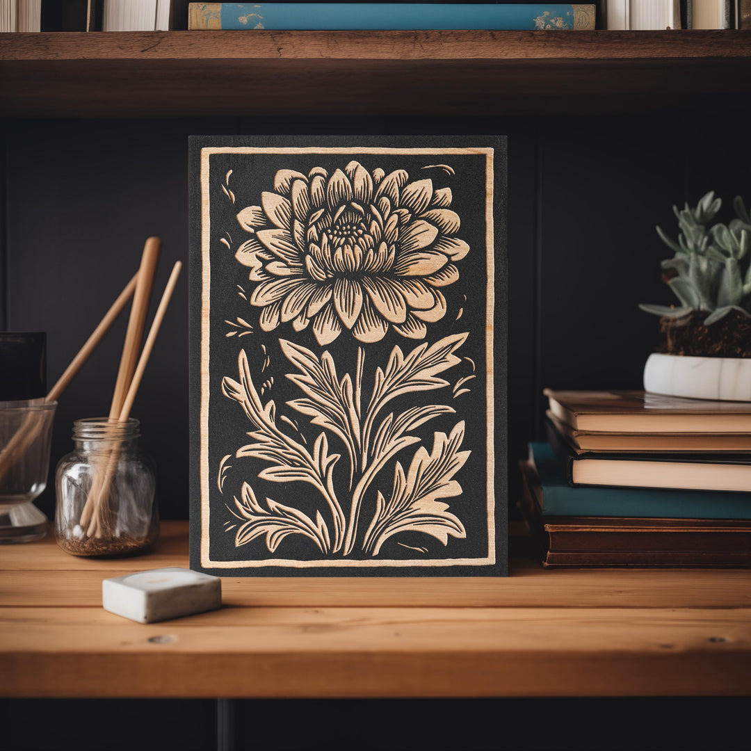 Chrysanthemum Floral Mini Engraved Birch Wood Panel | Block Print Style Flower Wall Art, Rustic Illustration Print, Farmhouse Decor Gift