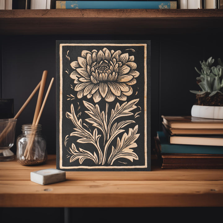 Chrysanthemum Floral Mini Engraved Birch Wood Panel | Block Print Style Flower Wall Art, Rustic Illustration Print, Farmhouse Decor Gift