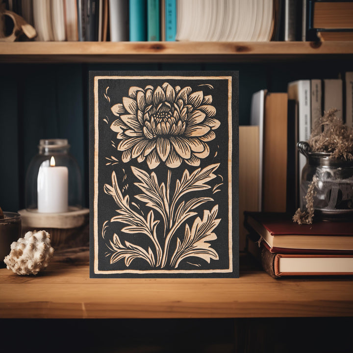 Chrysanthemum Floral Mini Engraved Birch Wood Panel | Block Print Style Flower Wall Art, Rustic Illustration Print, Farmhouse Decor Gift