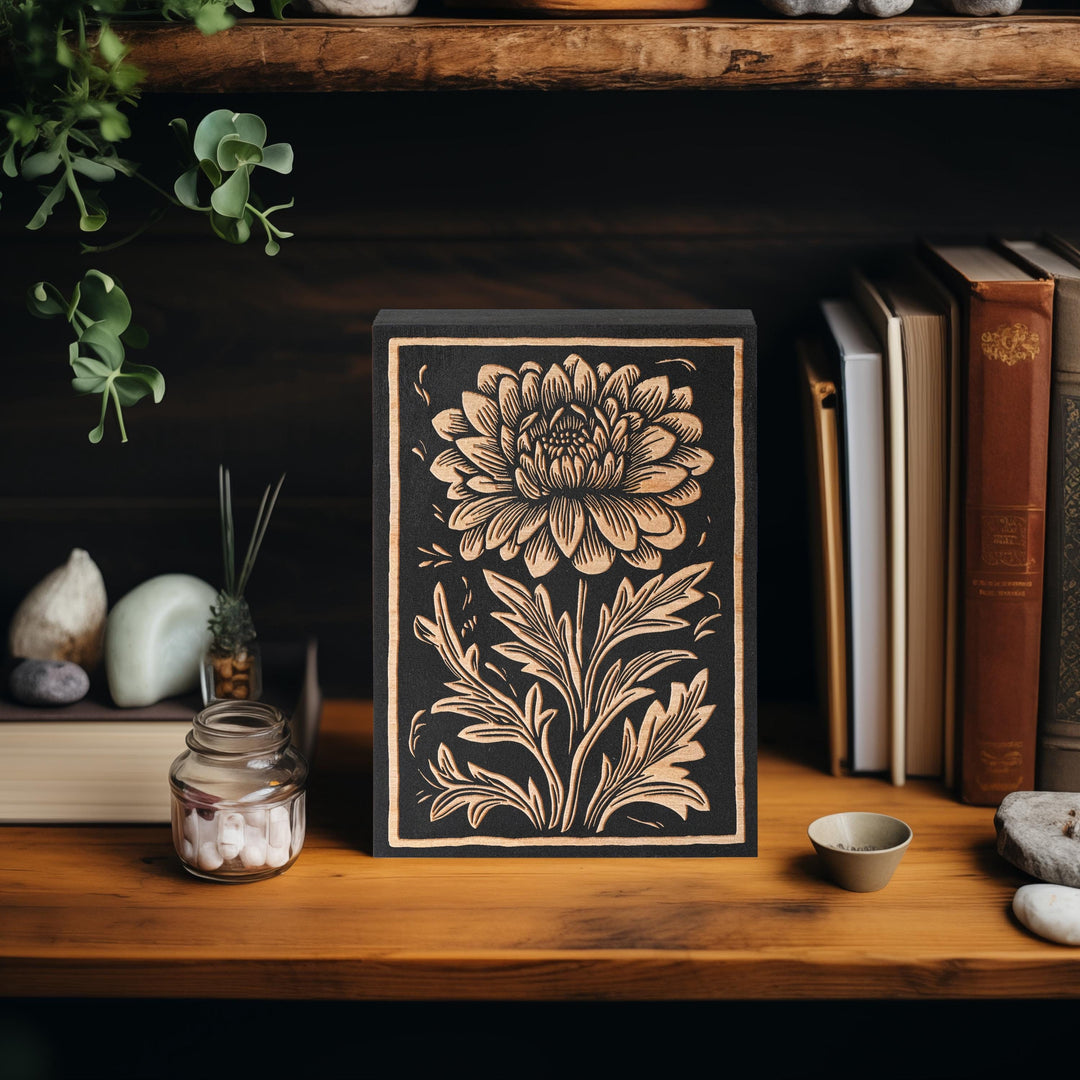 Chrysanthemum Floral Mini Engraved Birch Wood Panel | Block Print Style Flower Wall Art, Rustic Illustration Print, Farmhouse Decor Gift