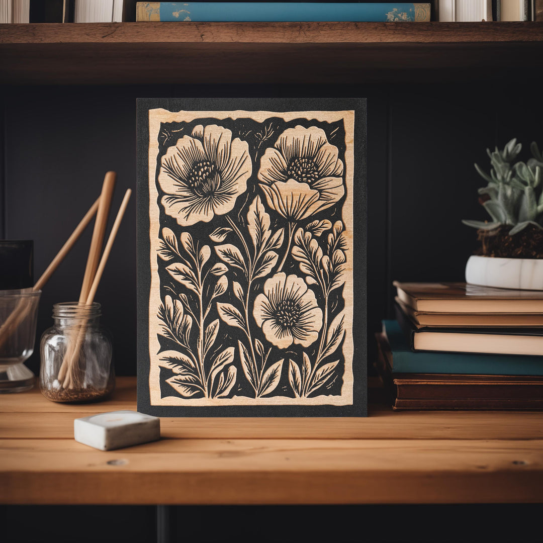 Poppies Floral Mini Engraved Birch Wood Panel | Block Print Style Flower Wall Art, Rustic Garden Illustration Print, Farmhouse Decor Gift