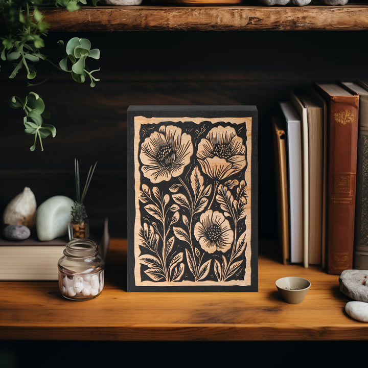Poppies Floral Mini Engraved Birch Wood Panel | Block Print Style Flower Wall Art, Rustic Garden Illustration Print, Farmhouse Decor Gift