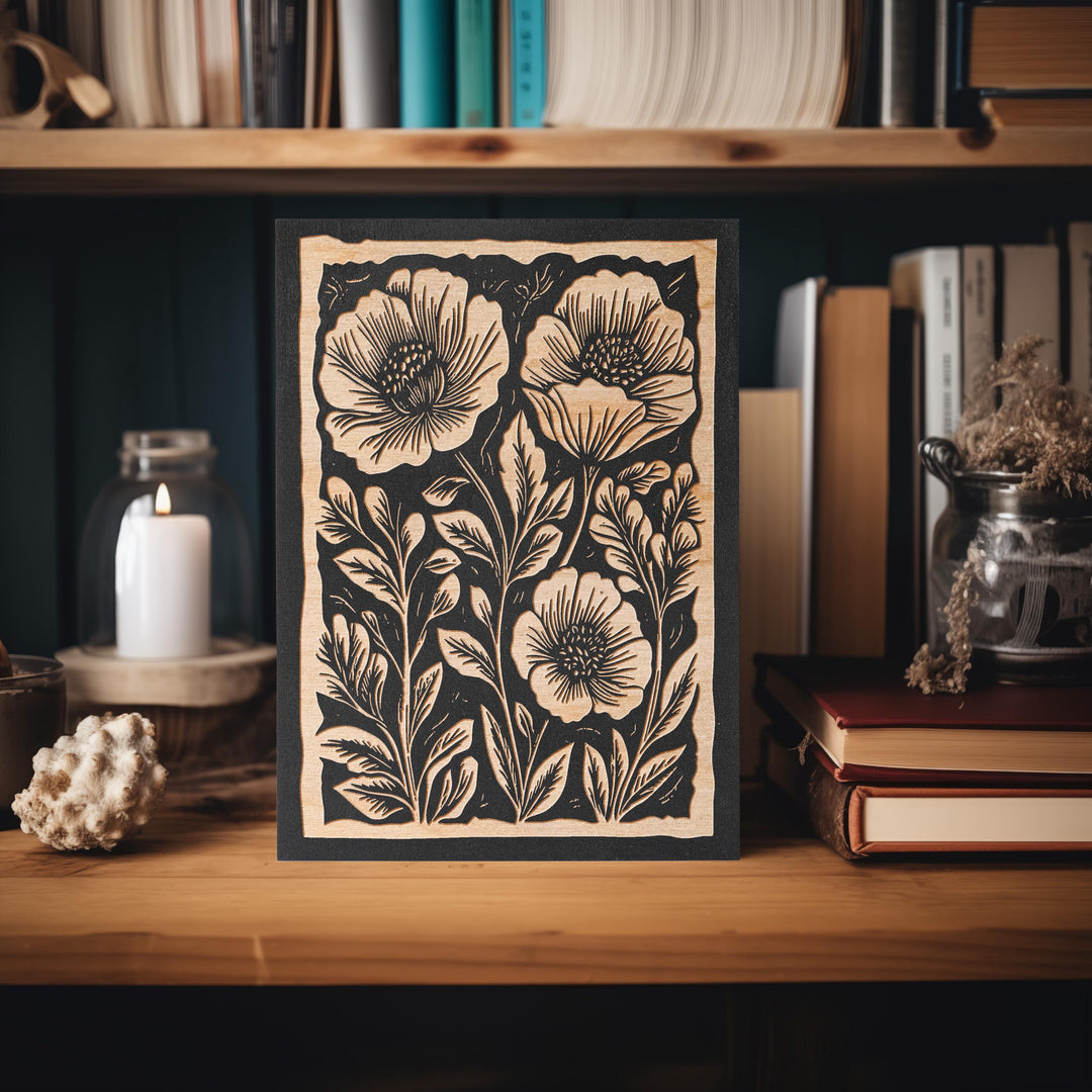 Poppies Floral Mini Engraved Birch Wood Panel | Block Print Style Flower Wall Art, Rustic Garden Illustration Print, Farmhouse Decor Gift
