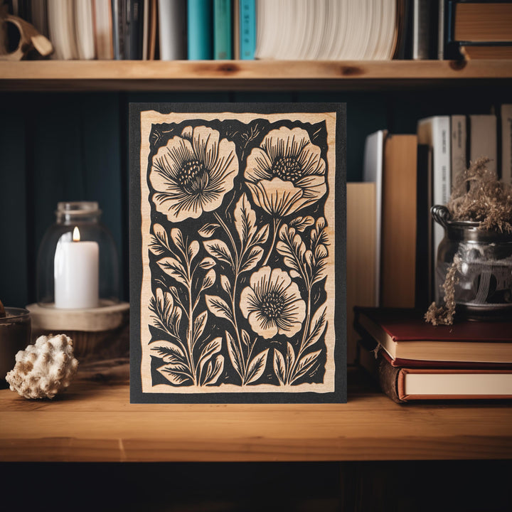 Poppies Floral Mini Engraved Birch Wood Panel | Block Print Style Flower Wall Art, Rustic Garden Illustration Print, Farmhouse Decor Gift