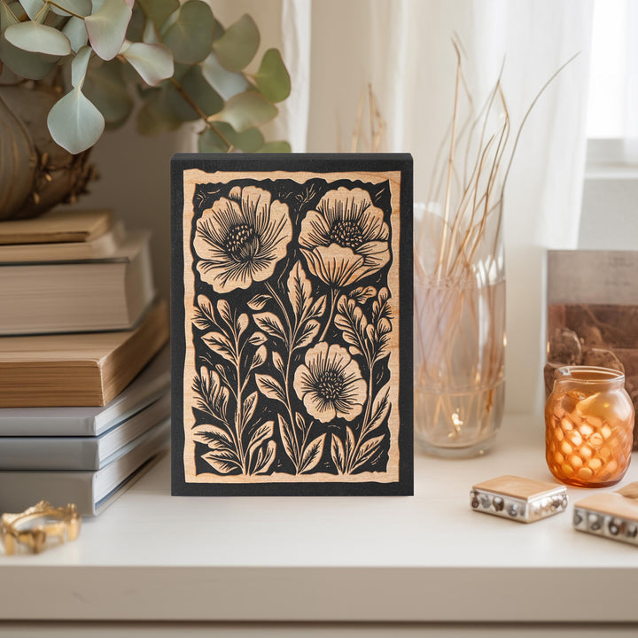 Poppies Floral Mini Engraved Birch Wood Panel | Block Print Style Flower Wall Art, Rustic Garden Illustration Print, Farmhouse Decor Gift