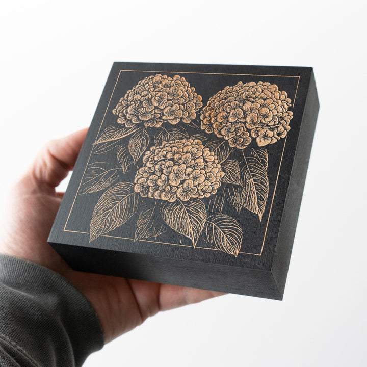 Hydrangea Flowers Mini Engraved Birch Wood Panel | Block Print Floral Garden Wall Art, Plant Mom Illustration Print, Farmhouse Decor Gift