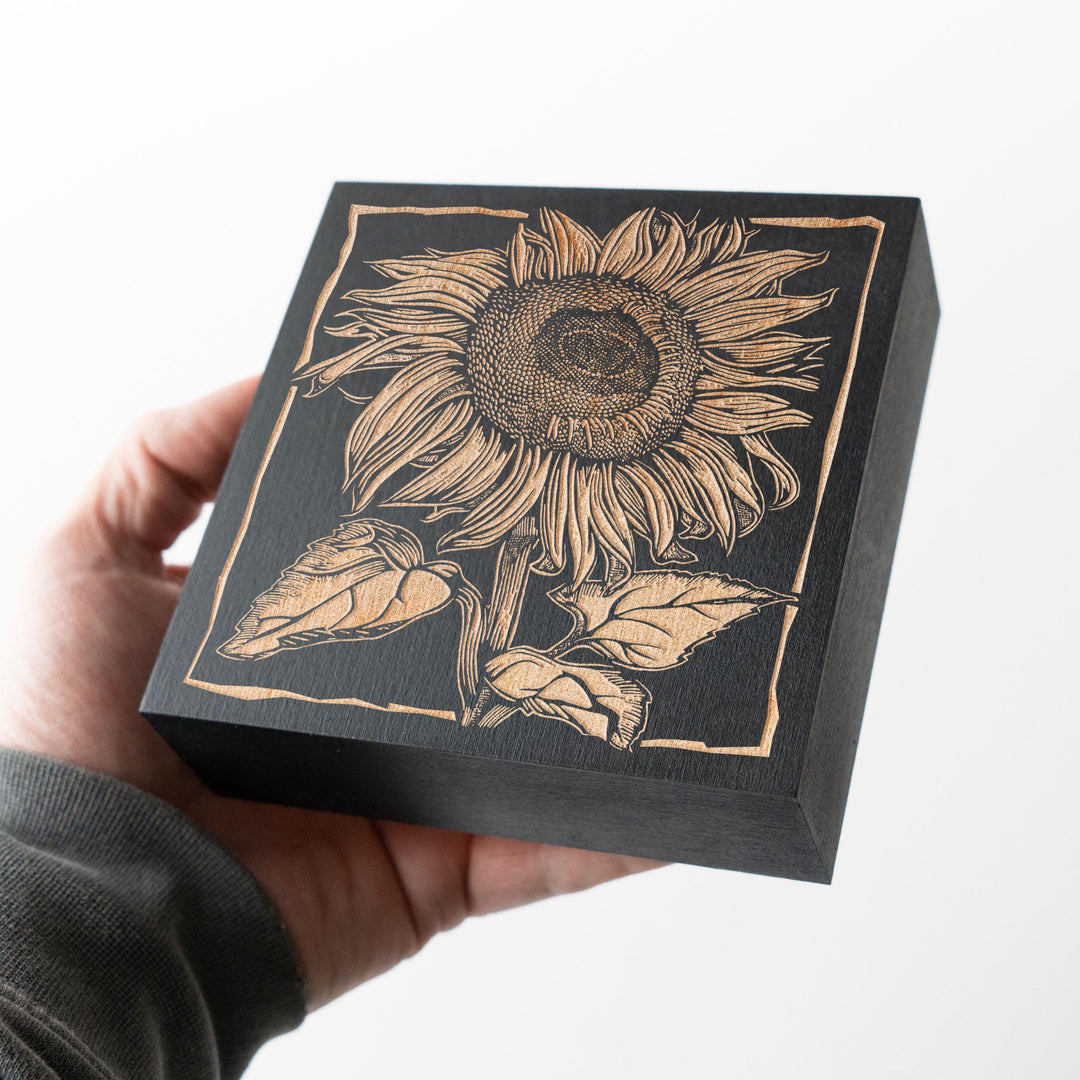 Sunflower Mini Engraved Birch Wood Panel | Block Print Style Flower Wall Art, Floral Illustration Print, Farmhouse Home Decor, Gardener Gift
