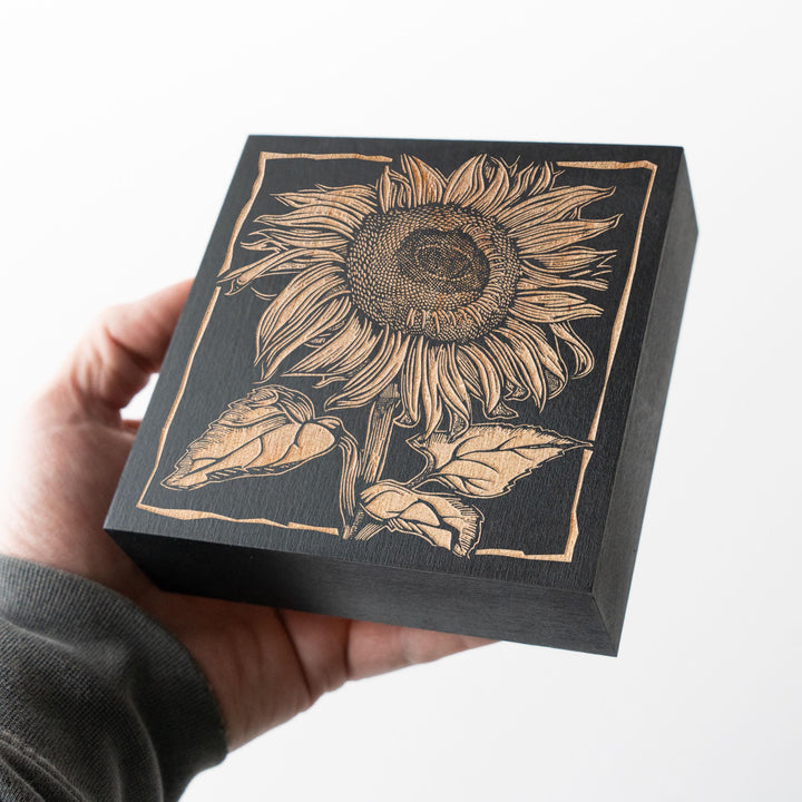 Sunflower Mini Engraved Birch Wood Panel | Block Print Style Flower Wall Art, Floral Illustration Print, Farmhouse Home Decor, Gardener Gift