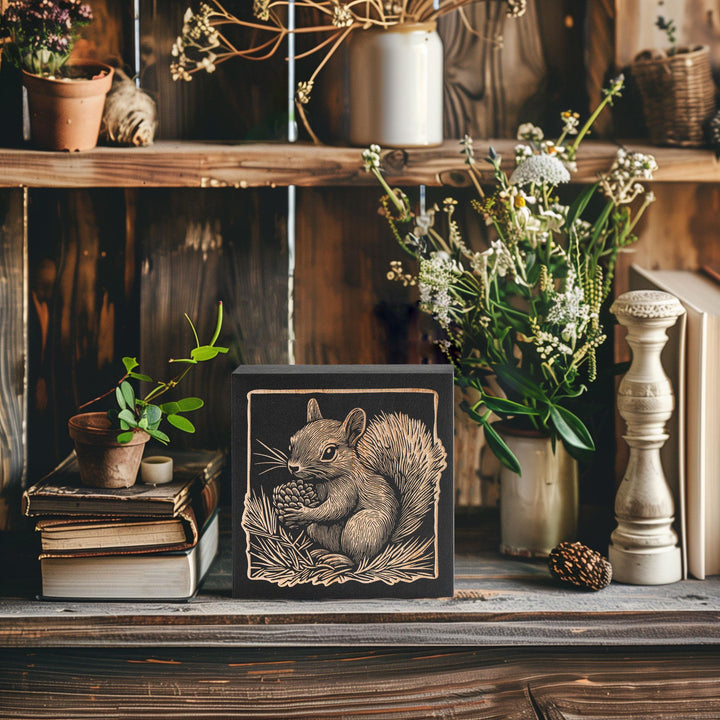 Squirrel Engraved Birch Wood Panel | Block Print Style Woodland Animal Wall Art, Cute Squirrel Illustration, Forest Cabin Nature Decor Gift