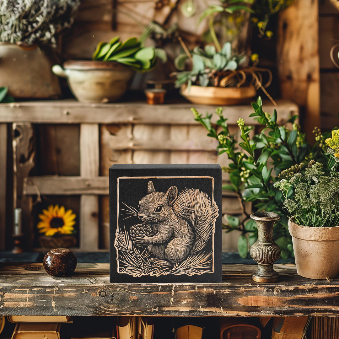 Squirrel Engraved Birch Wood Panel | Block Print Style Woodland Animal Wall Art, Cute Squirrel Illustration, Forest Cabin Nature Decor Gift