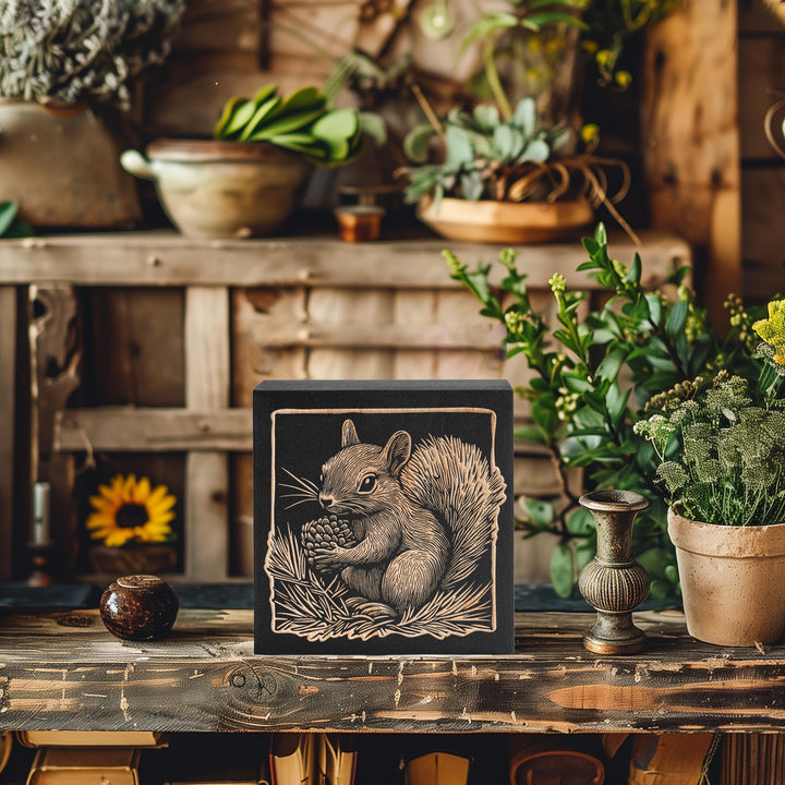 Squirrel Engraved Birch Wood Panel | Block Print Style Woodland Animal Wall Art, Cute Squirrel Illustration, Forest Cabin Nature Decor Gift
