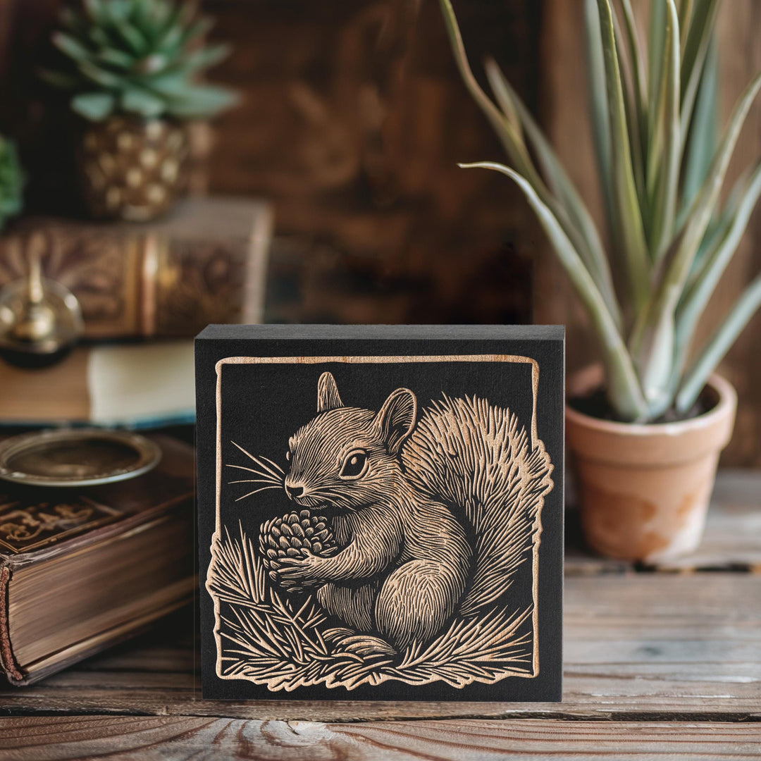 Squirrel Engraved Birch Wood Panel | Block Print Style Woodland Animal Wall Art, Cute Squirrel Illustration, Forest Cabin Nature Decor Gift