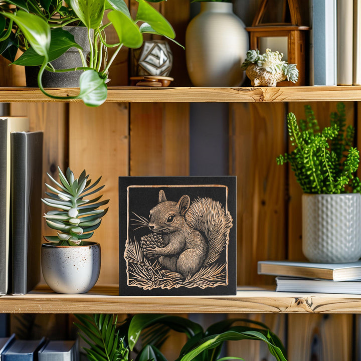 Squirrel Engraved Birch Wood Panel | Block Print Style Woodland Animal Wall Art, Cute Squirrel Illustration, Forest Cabin Nature Decor Gift