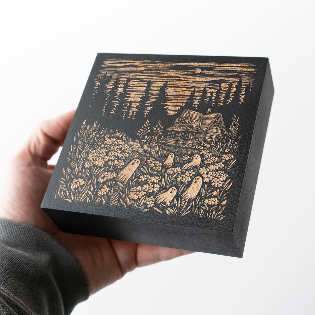Spooky Ghost Cabin Mini Engraved Birch Wood Panel | Block Print Style Halloween Wall Art, Haunted House Landscape Print, Gothic Decor Gift
