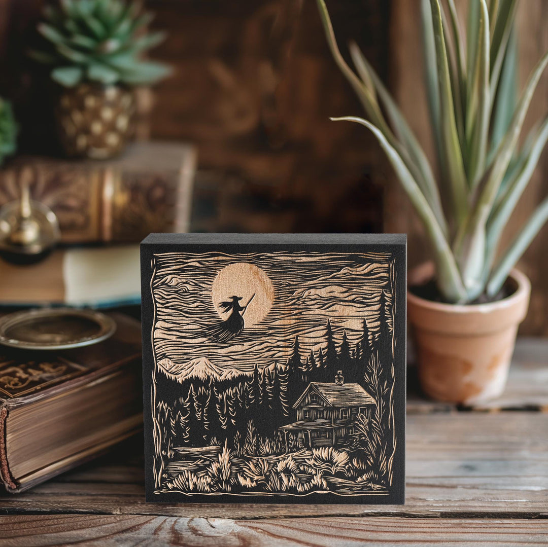 Flying Witch Mini Engraved Birch Wood Panel | Block Print Style Halloween Wall Art, Spooky Haunted House Landscape Print, Gothic Decor Gift