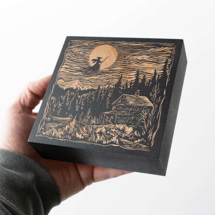 Flying Witch Mini Engraved Birch Wood Panel | Block Print Style Halloween Wall Art, Spooky Haunted House Landscape Print, Gothic Decor Gift