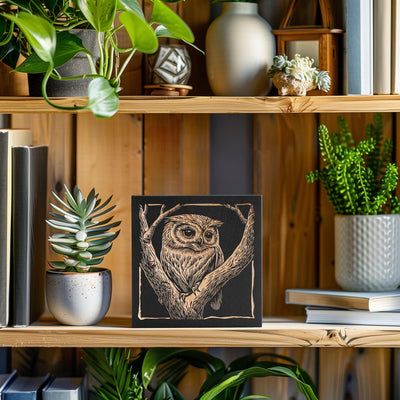 Owl Engraved Birch Wood Panel | Block Print Style Woodland Wall Art, Bird Illustration, Forest Cabin Nature Decor, Birding Birders Gift