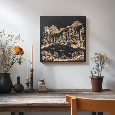 a painting on a wall above a wooden table