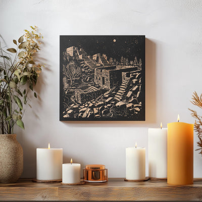 a table topped with candles and a painting on the wall