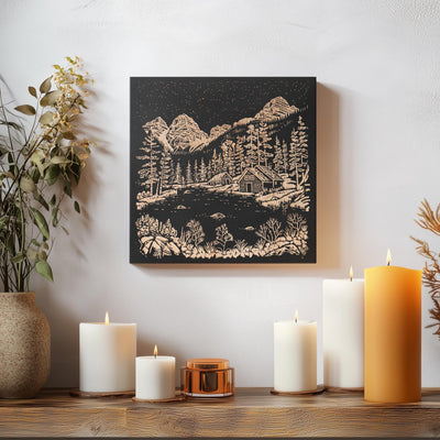 a table with candles and a painting on the wall