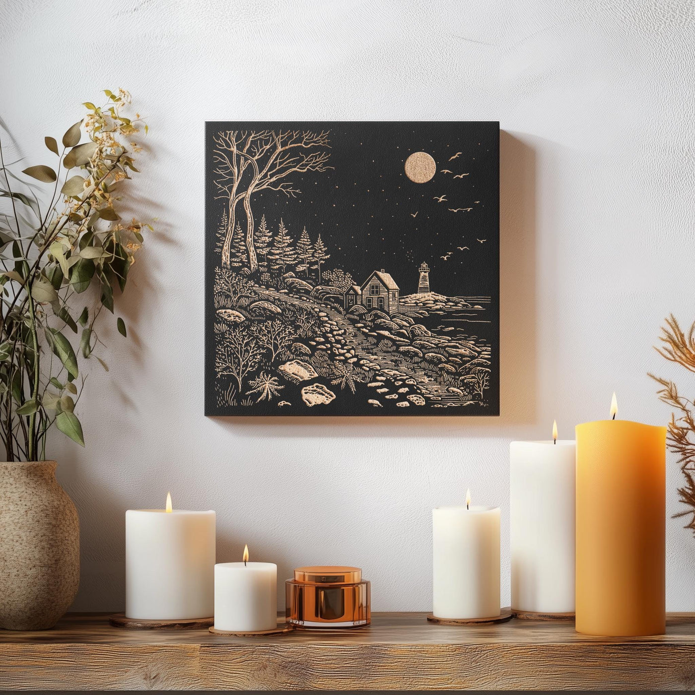 a table topped with candles and a painting on the wall