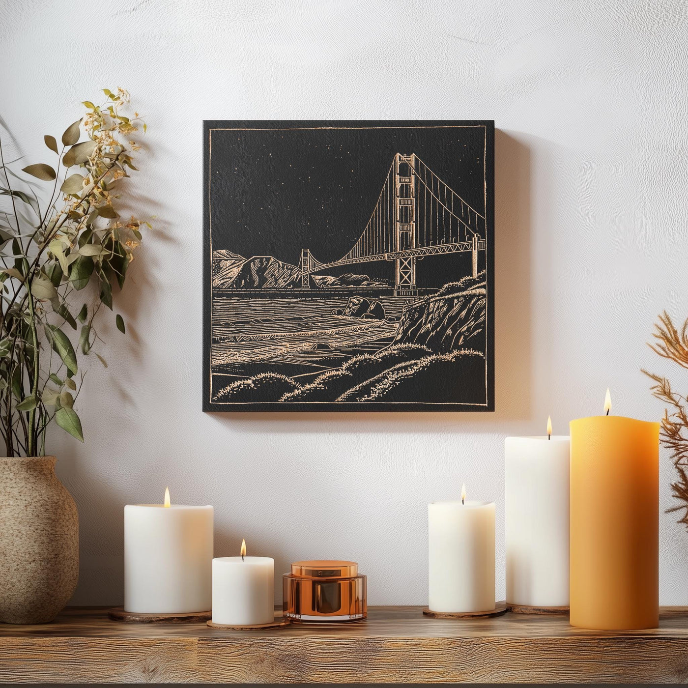 a picture of the golden gate bridge on a wall