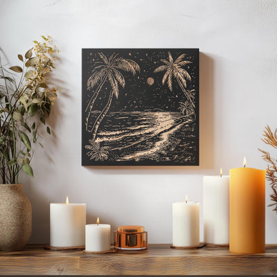 a table with candles and a painting on the wall