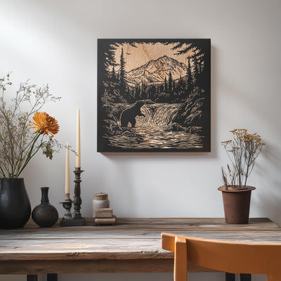 a picture of a bear on a wall above a table